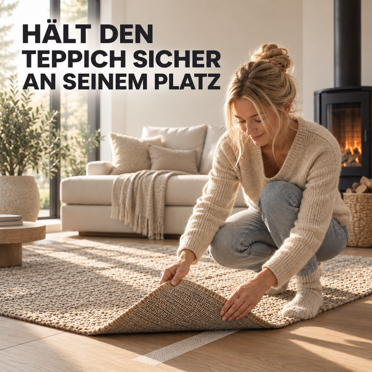 Lochfrei hält den Teppich sicher an seinem Platz, Frau befestigt Teppichecke