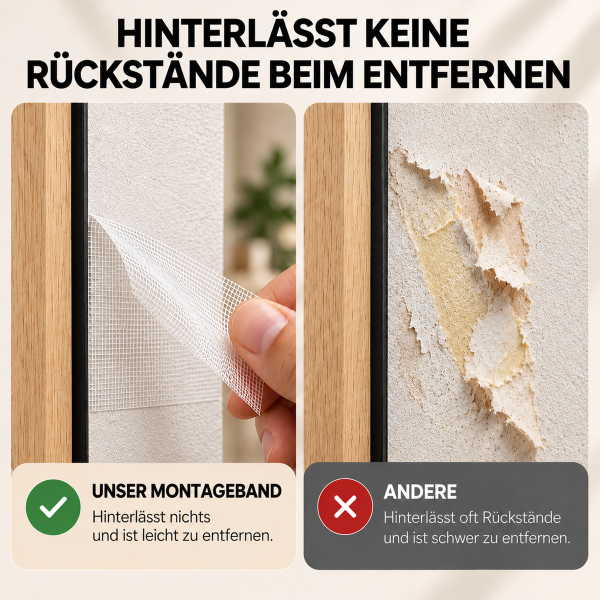 Vergleich: Lochfrei hinterlässt keine Rückstände beim Entfernen, andere Bänder reißen die Tapete mit
