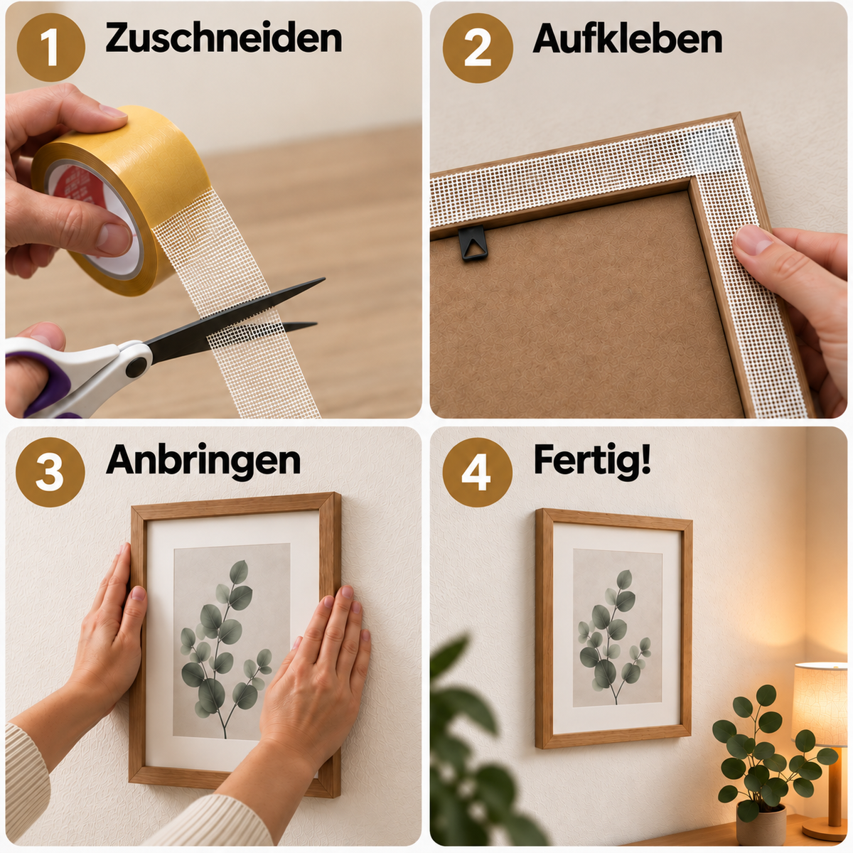 Anleitung in 4 Schritten: zuschneiden, aufkleben, Bilderrahmen anbringen, fertig
