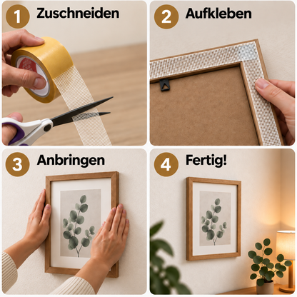 Anleitung in 4 Schritten: zuschneiden, aufkleben, Bilderrahmen anbringen, fertig