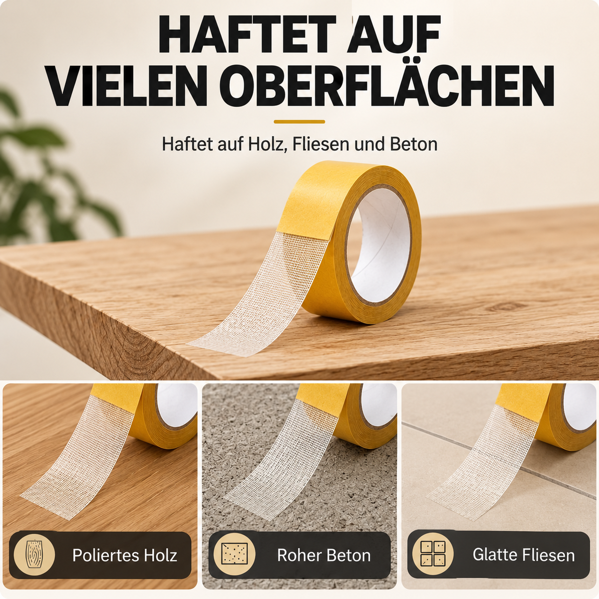Lochfrei haftet auf vielen Oberflächen: poliertes Holz, roher Beton, glatte Fliesen
